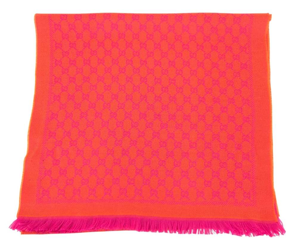 Gucci GG Jacquard Wool Blend Scarf 70" x 19" Womens Orange Pink $570